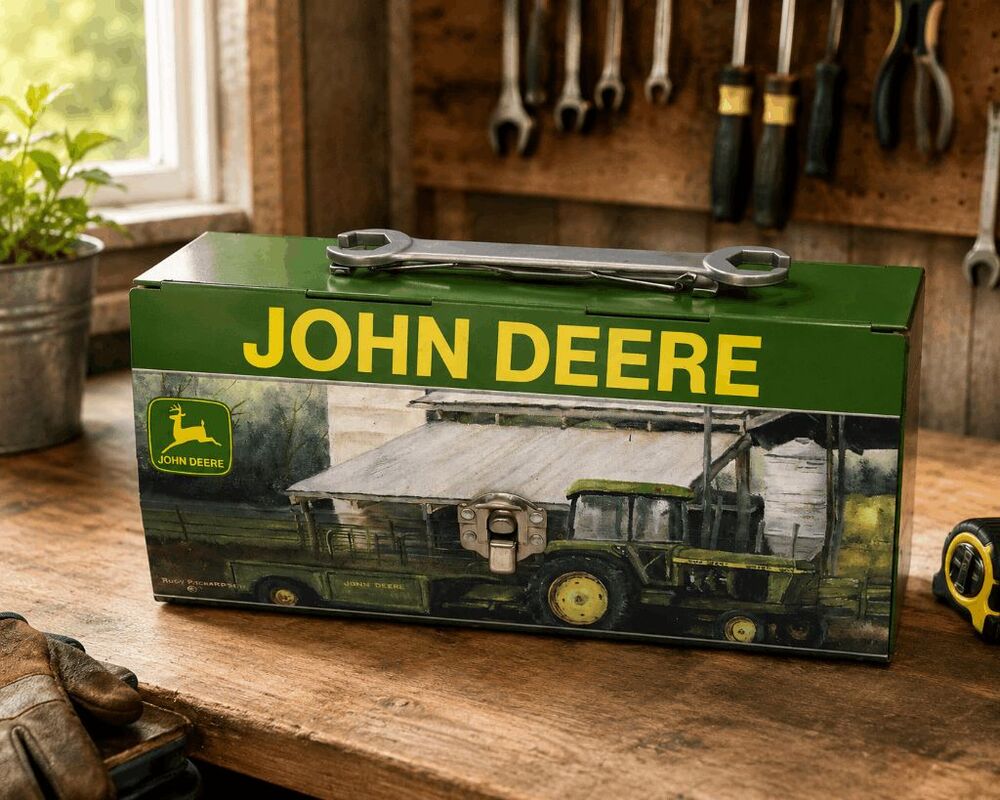 JOHN DEERE GREEN/YELLOW TINWARE BOX W/WRENCH PLASTIC HANDLE 9”x4.5”